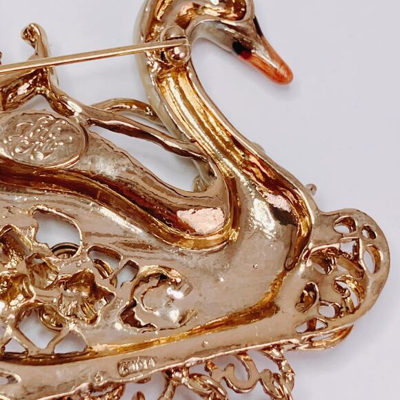 Vintage Signed Kirk's Folly Fairy Swan Sleigh Brooch Gold Tone Rhinestone Whimsy - Picture 9 of 10
